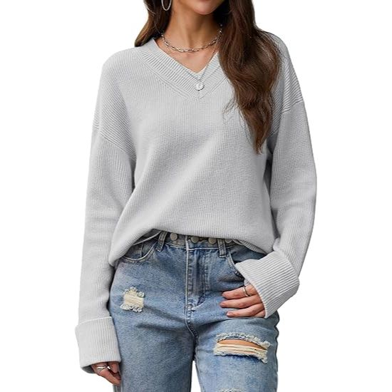 Women’s Cream V-Neck Long Sleeve Loose-Fit Sweater